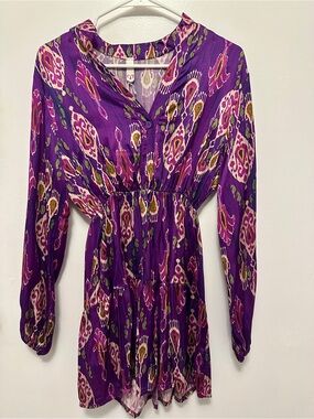 Purple Ikat Print 3/4 Sleeve Tunic Dress